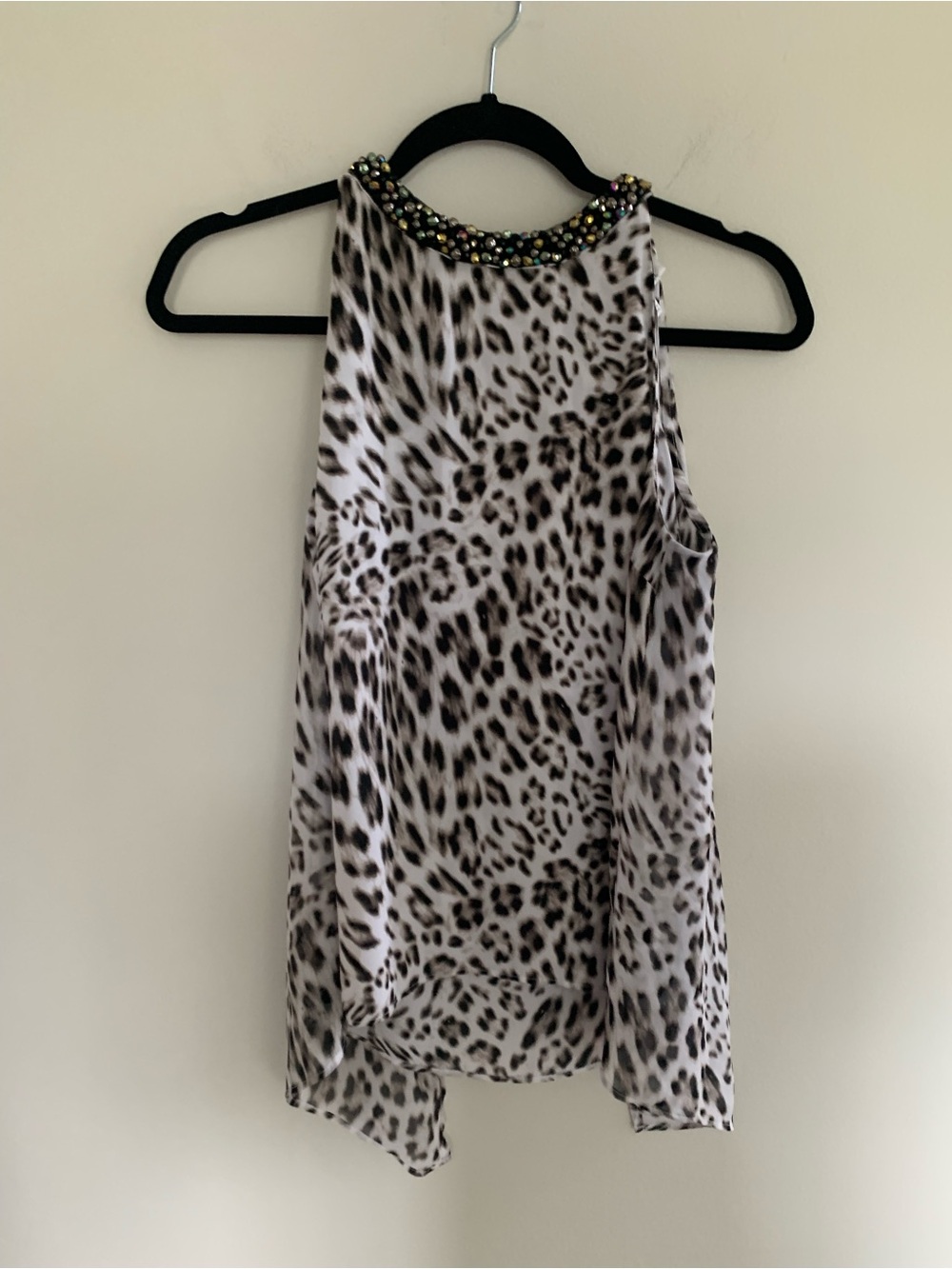 Beaded Neck Leopard Print Top - White/Black